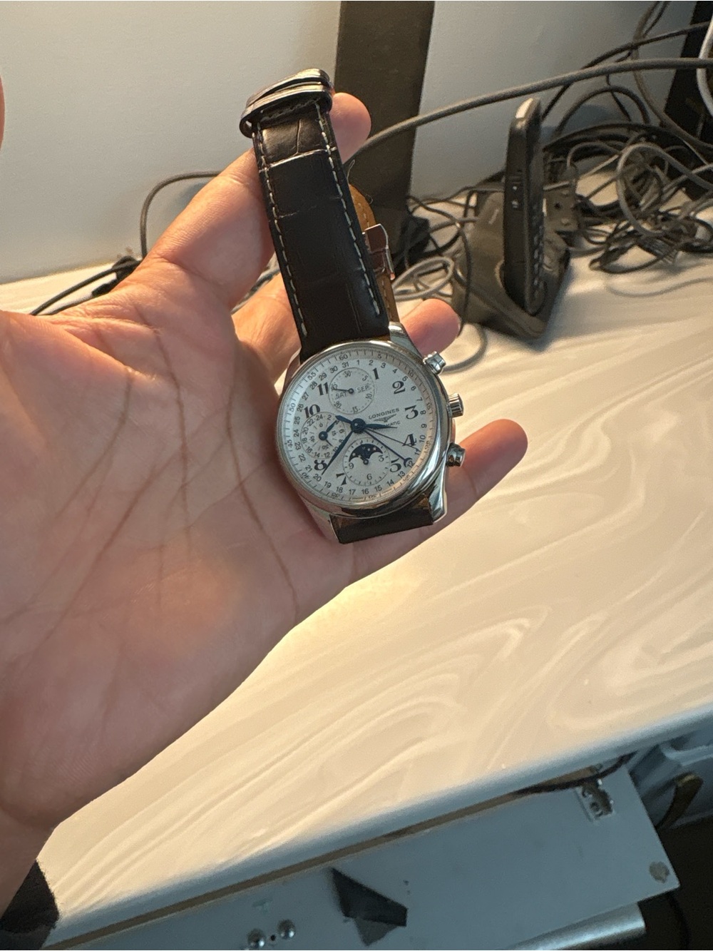 Men's Black Leather Strap Chronograph Watch with Moonphase